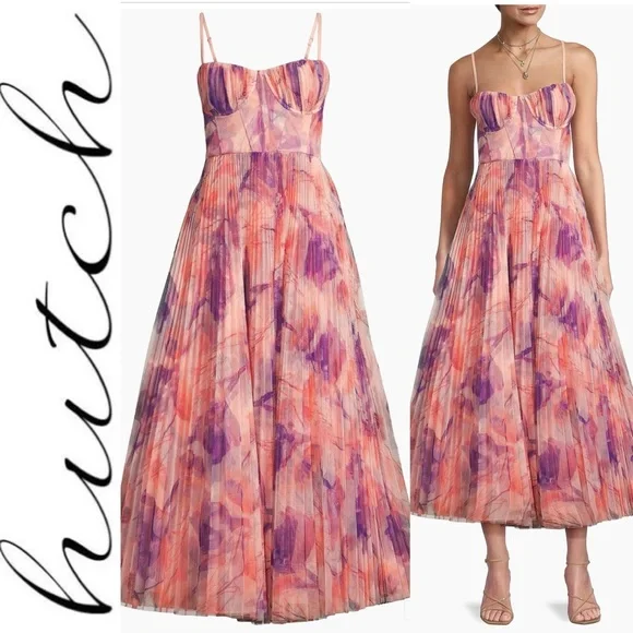 Hutch Amara Bustier Pleated Fit and Flare Midi Dress pink/purple 24W - Picture 1 of 12